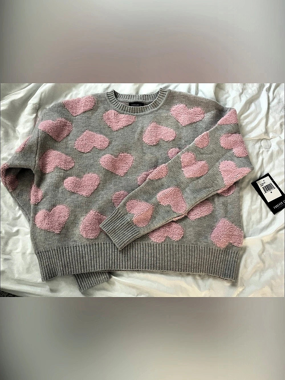 Forever 21 Fuzzy Heart Print Crewneck Sweater Gray & Pink